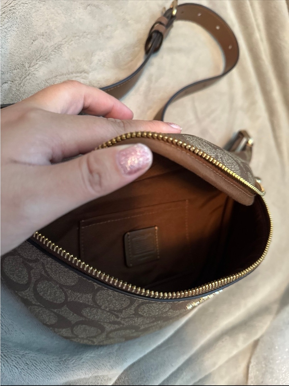 Coach Brown Signature Canvas Crossbody Belt Bag with Tan Trim - Picture 4 of 7